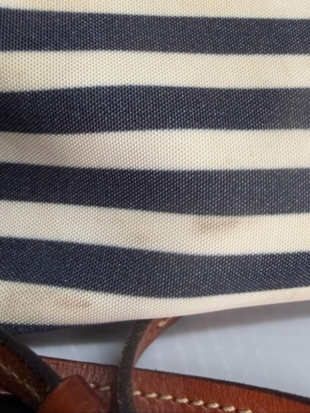 Vintage Dooney & Bourke Navy and Cream Striped Crossbody with Brown Leather Trim - Picture 2 of 5